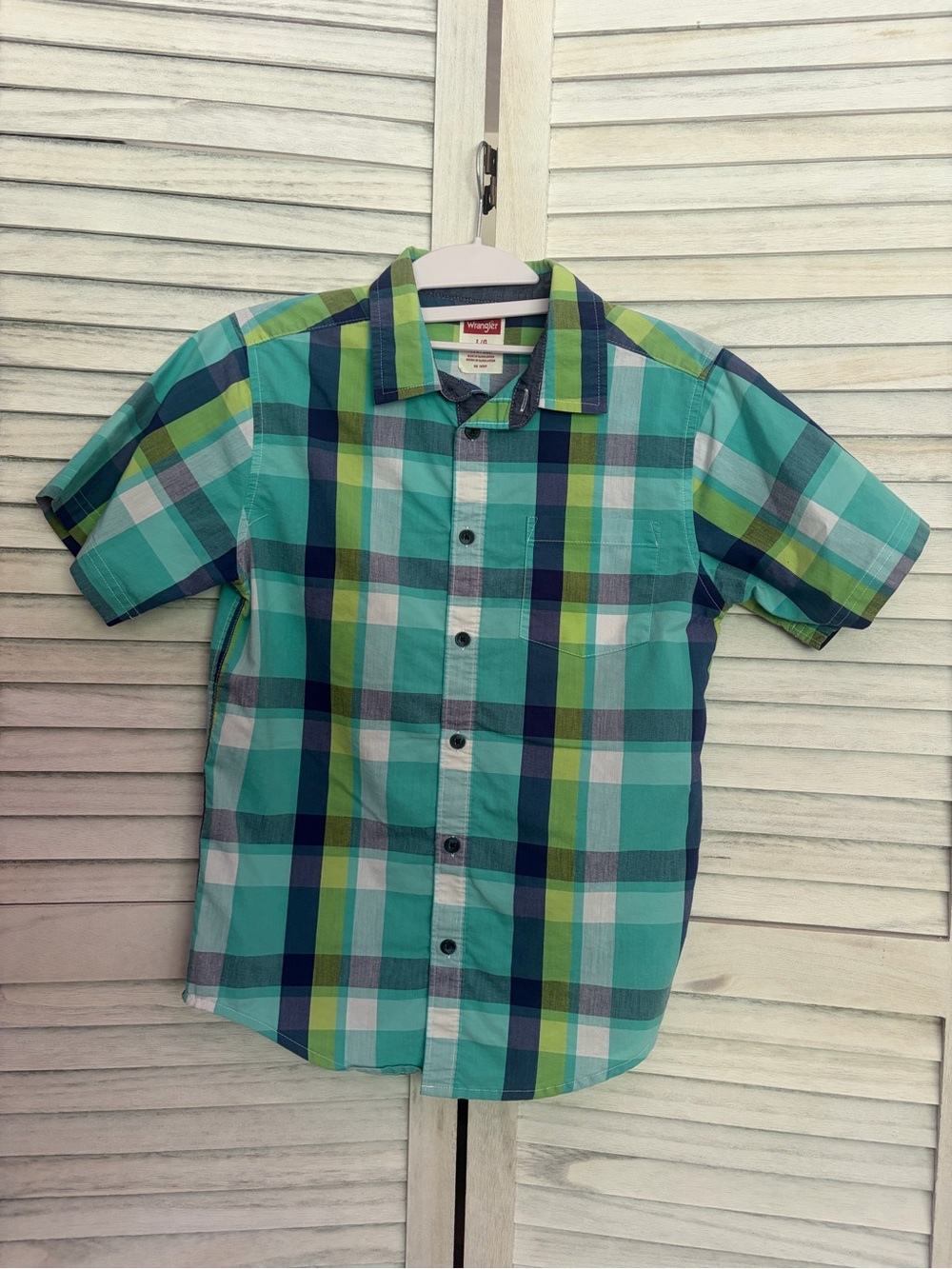 Wrangler Teal and Navy Plaid Short-Sleeve Button-Down Shirt